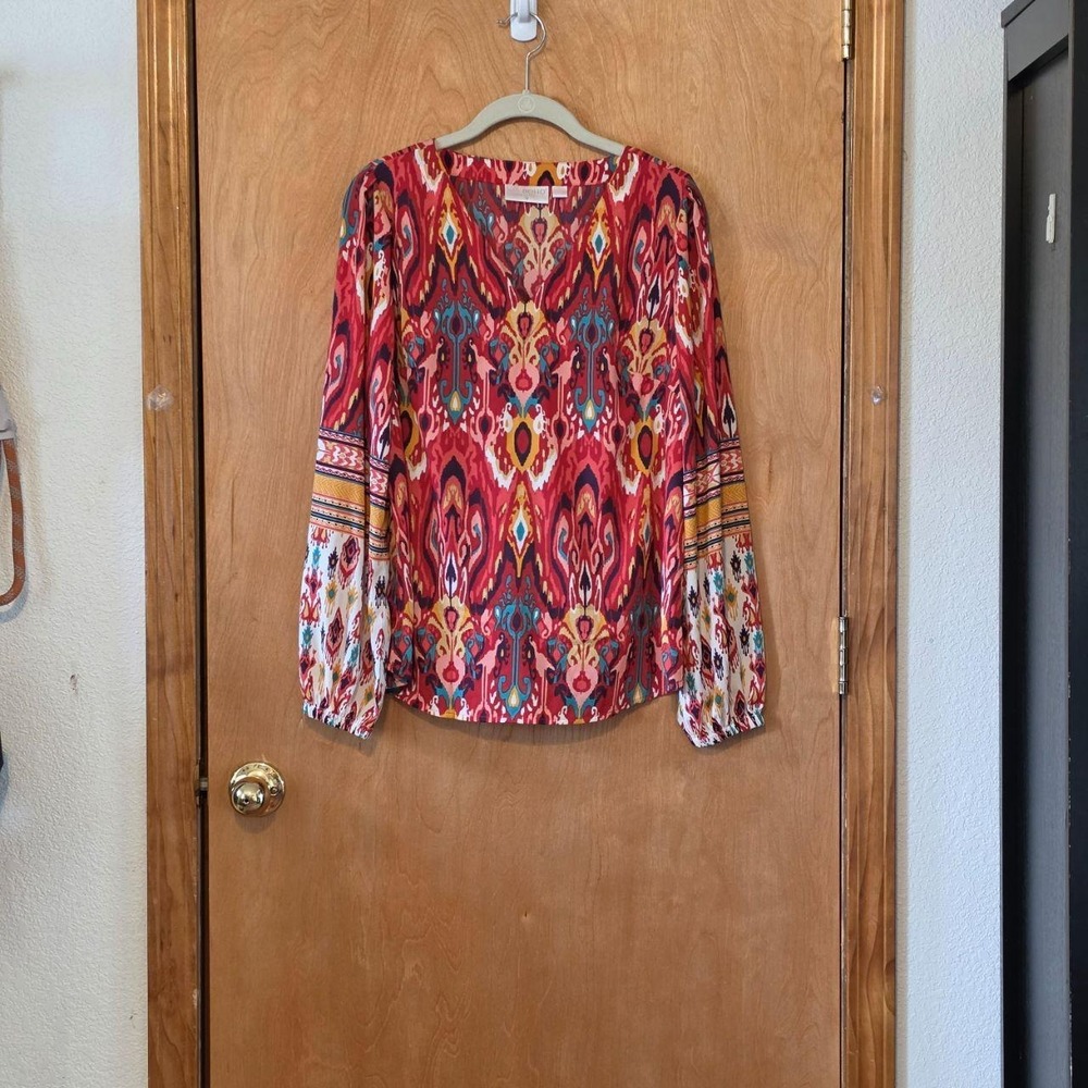 Belle Boho Kim Gravel Ikat Print Split Neck Blouse Red Orange Teal A654087 Small